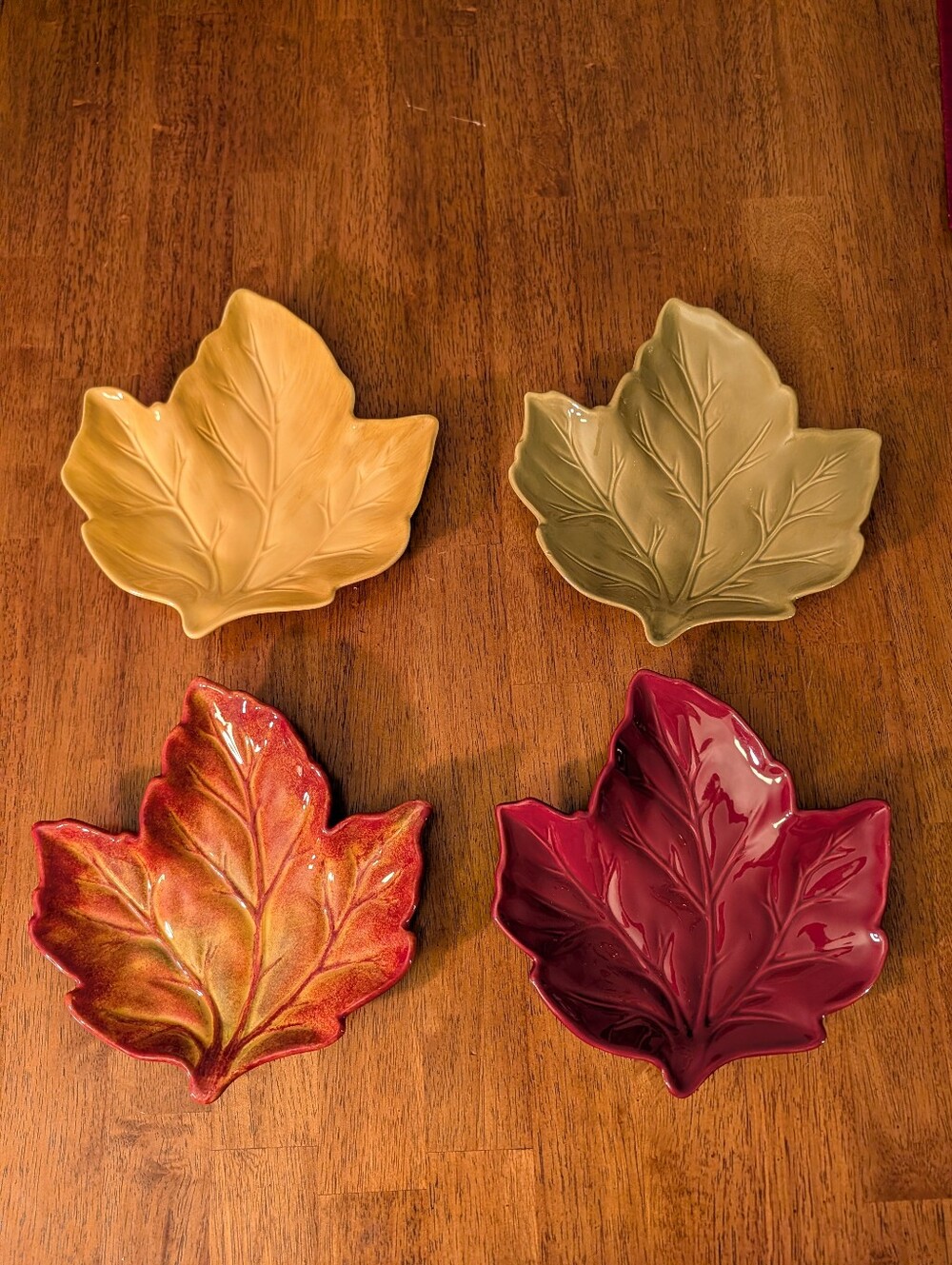 Leaf-Shaped Ceramic Serving Dishes - Set of 4 in Yellow, Olive, Red, Burgundy